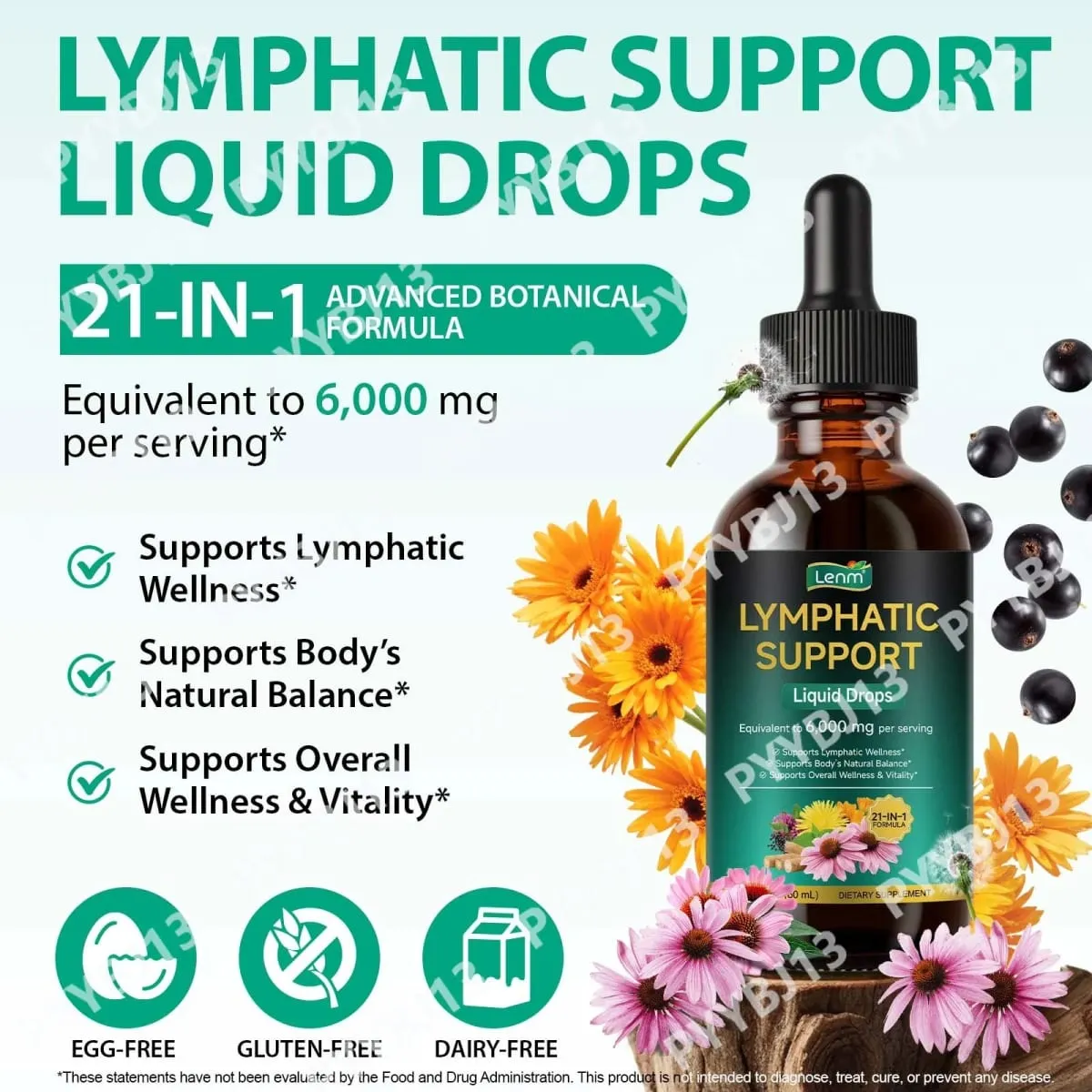 Lenm 60ml sistema linfático limpa suplementos líquidos de suporte imunológico gotas de ervas linfáticas orgânicas naturais para suporte de equilíbrio