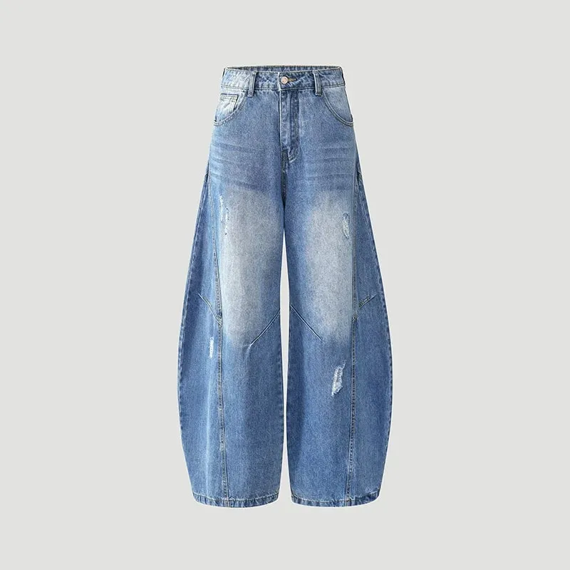Calças de brim de perna curvada estilo retro unissex ajuste relaxado retalhos macio durável feminino masculino versátil lavado calças de perna larga