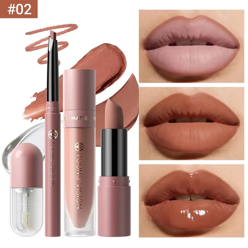 Conjunto de 4 unidades kit de maquiagem labial forro batom líquido óleo labial 8 cores opcionais fosco veludo labial para maquiagem diária de festa — image 7