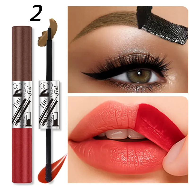 Batom 2 em 1, creme para sobrancelha, duas cabeças, sexy, brilho labial, contorno suave, à prova d'água, longa duração, maquiagem labial