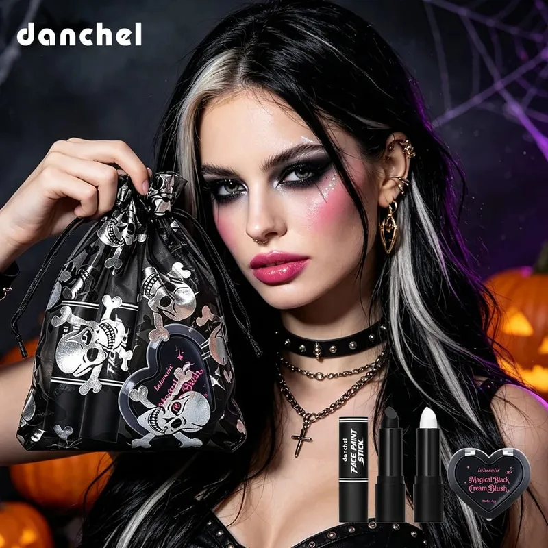Kit de maquiagem gótica para halloween, saco de armazenamento, creme escuro, blush, preto e branco, bastão de pintura facial, cosplay, festa, festival, rosto, maquiagem corporal