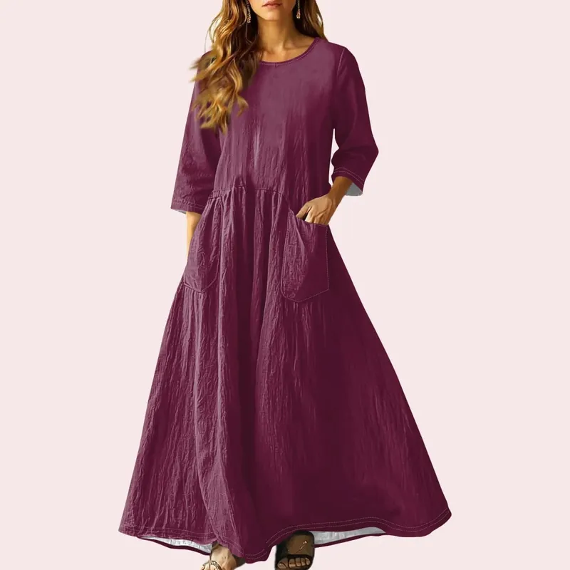 Women's Summer Loose Long Dresses Solid Color Three-quarter Sleeve Double Pocket Dress Loose Round Neck Linen Dress Vestidos — image 15