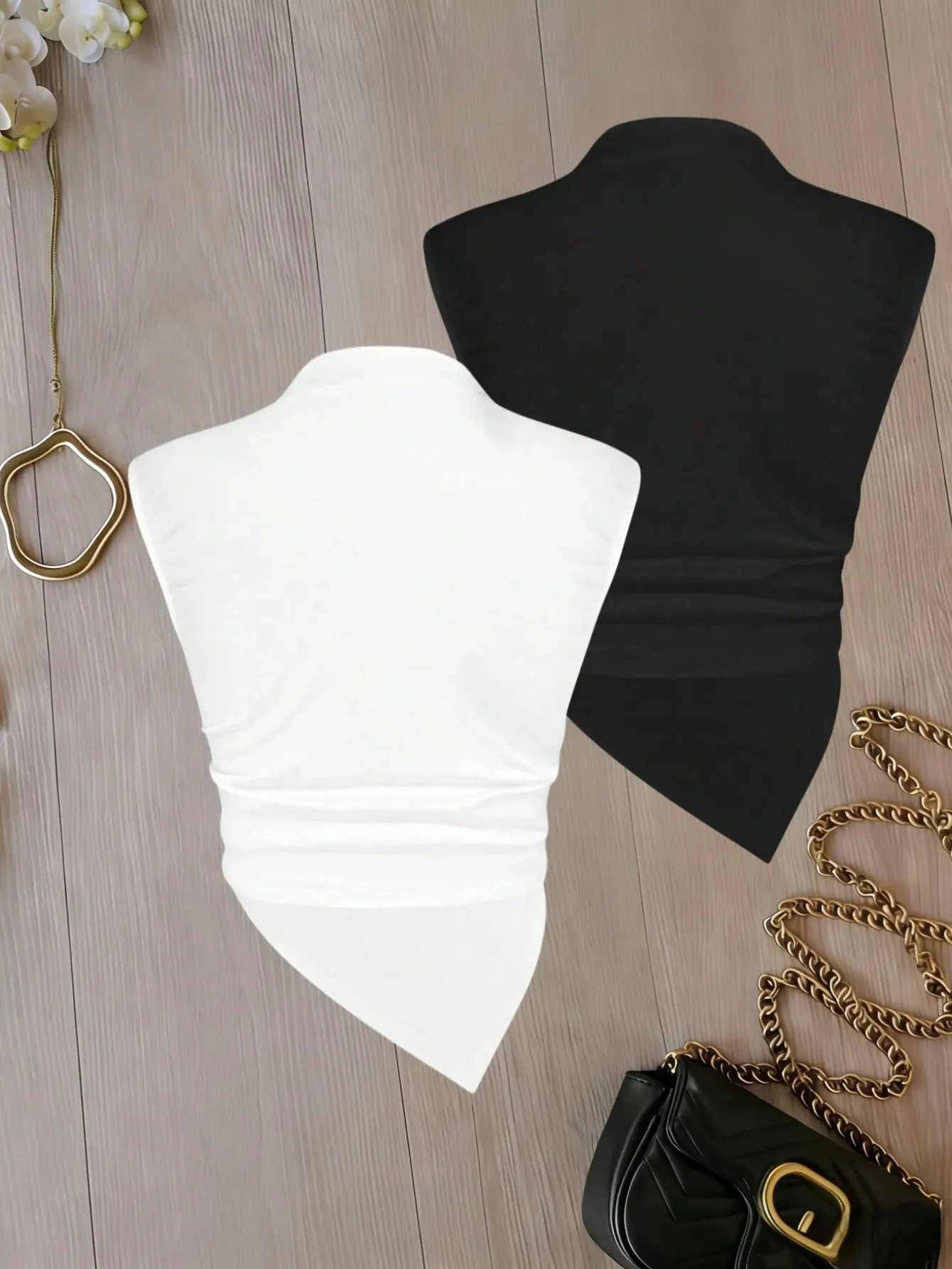 Conjunto feminino com gola simulada, sem mangas, bainha assimétrica, 2 pacotes, cor sólida, cami