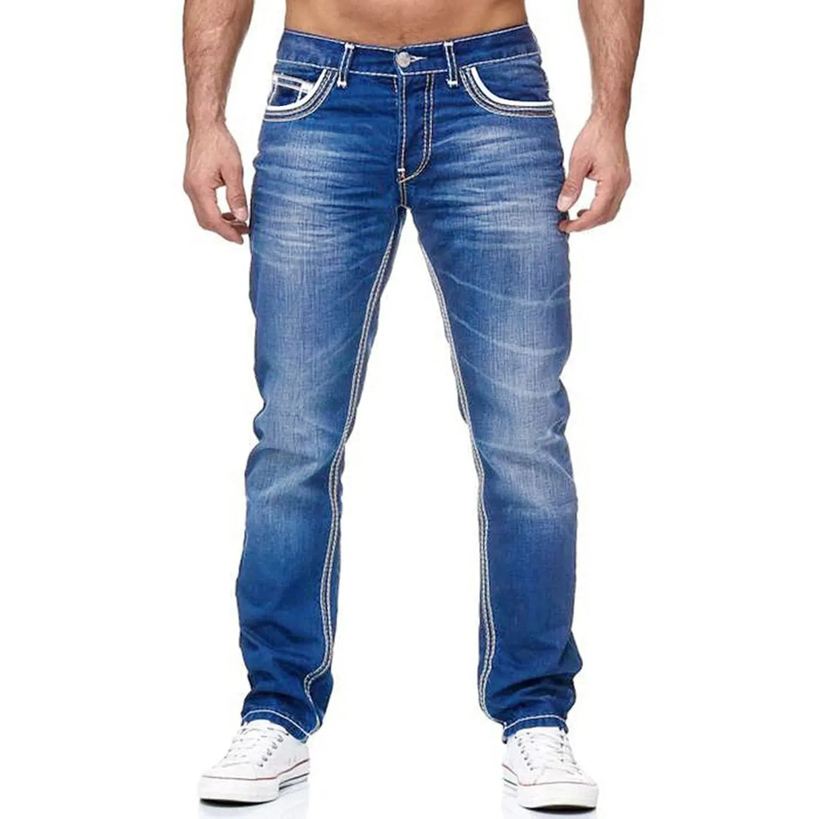 Calças de brim masculinas bolsos sólidos estiramento denim calças retas primavera verão negócios calças casuais diário streetwear roupas masculinas