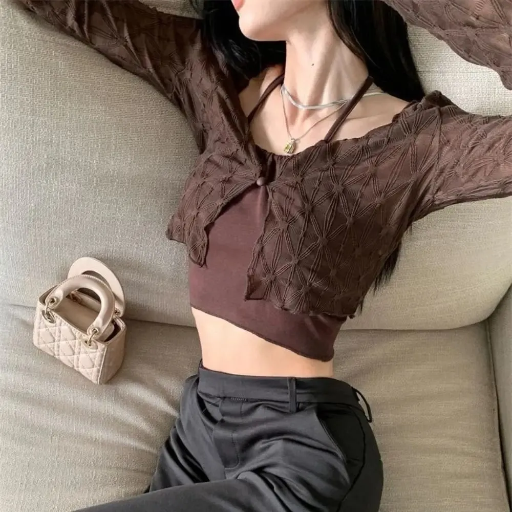 Diy fino cardigans à prova de sol novo fino cor sólida camisolas casual manga longa curto topo verão — image 5