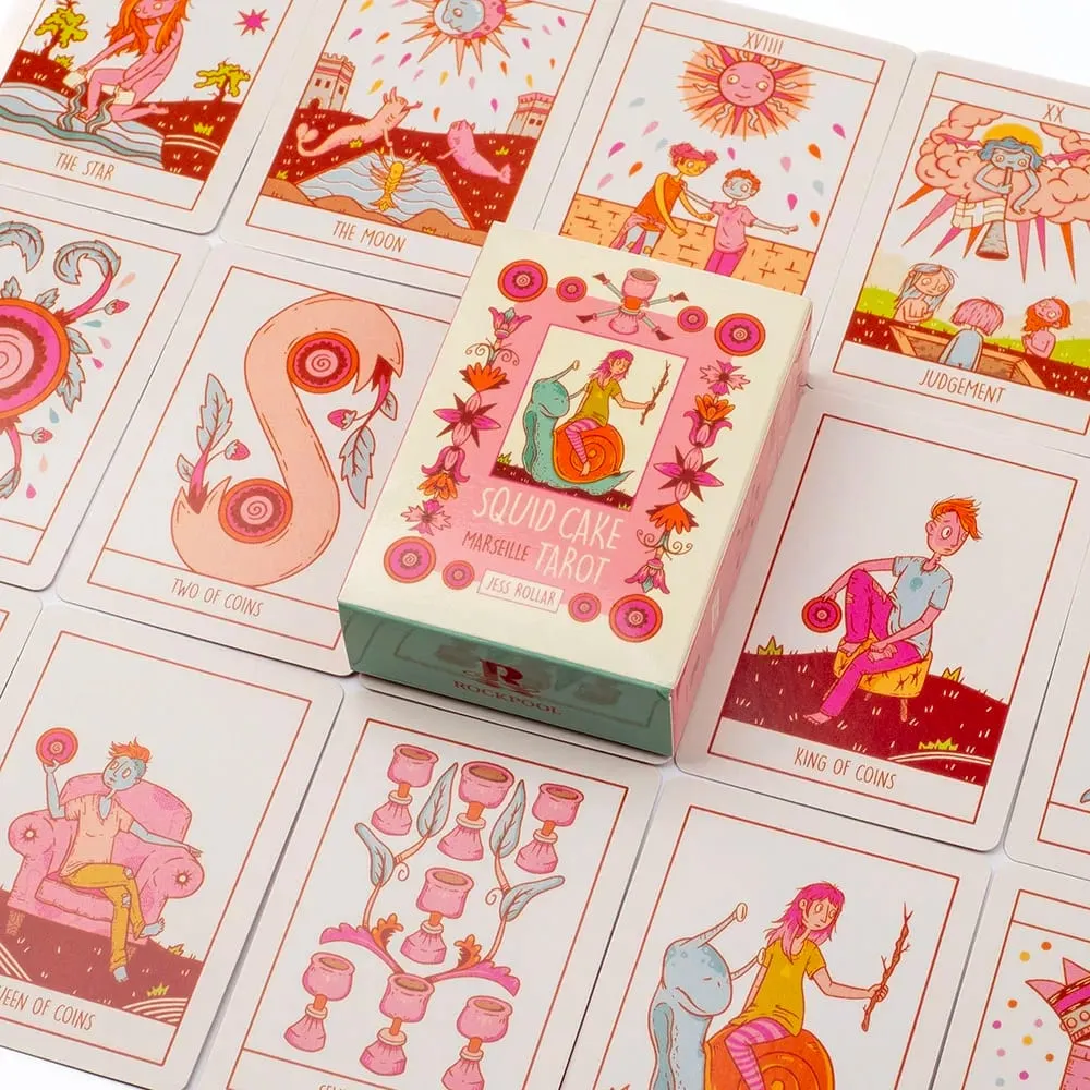 Squid Cake Tarot Jogo de tabuleiro de baralho de 78 cartas com cavaleiros montando criaturas, rostos peculiares e uma deliciosa paleta de cores 8,9 x 6,3 cm