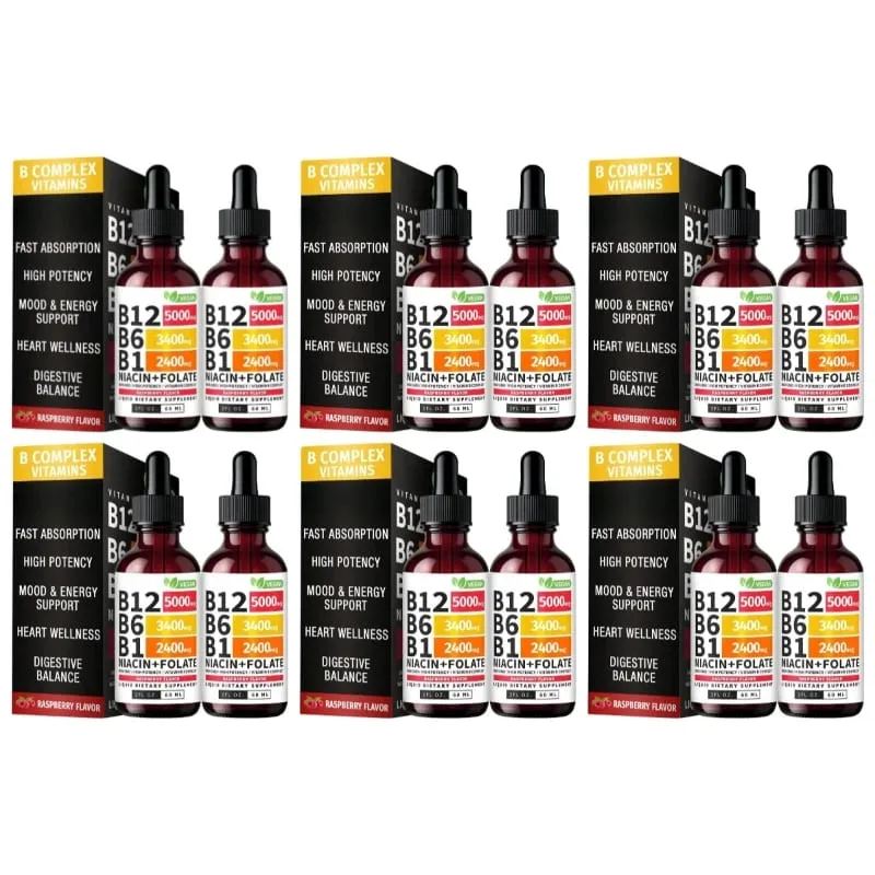 B12 b6 b1 niacina folato líquido sublingual vegan b-complex gotas para energia diária e suporte de foco framboesa para homens mulheres 60 ml