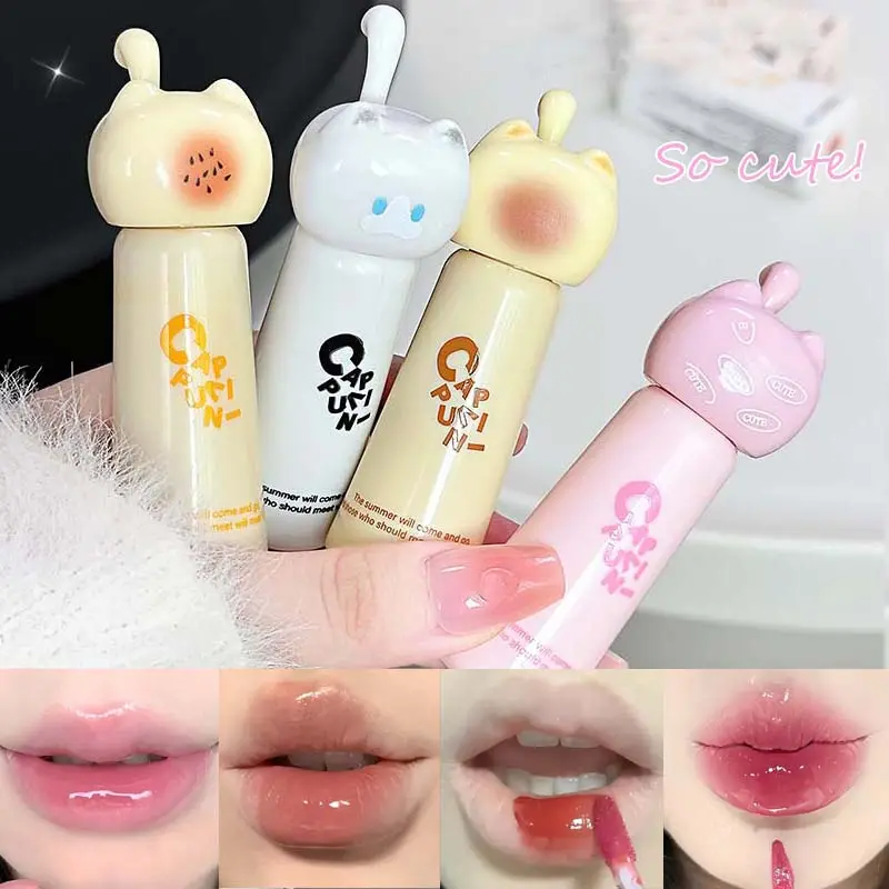 Gato bonito espelho de água brilho labial hidratante duradouro rosa damasco matiz labial esmalte nude batom coreano maquiagem menina