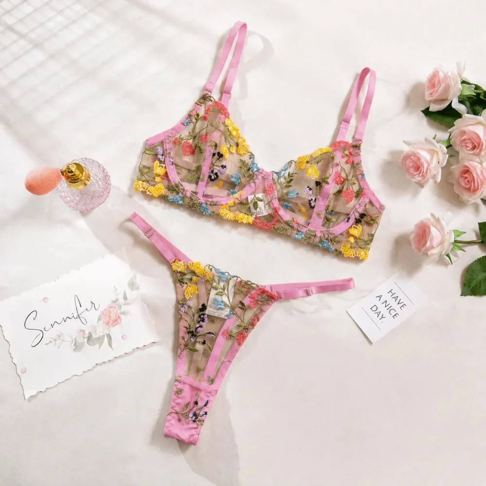 Conjunto de lingerie floral de 2 peças, roupa íntima transparente e versátil, íntima, bordado, sutiã push-up, conjunto de calcinha para mulheres e meninas — image 6