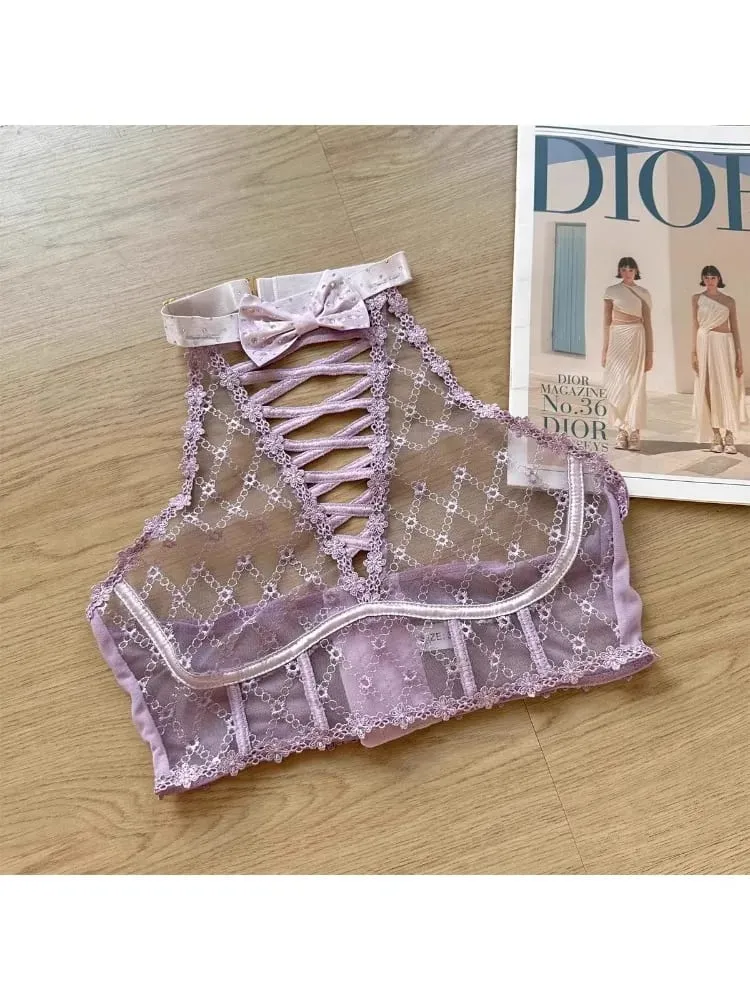 Minimizer Bra Large Cups DD+ | Sweetheart Bow Diamond Pattern Halter Top Slimming Thin Underwear Set Womens Lingerie Set