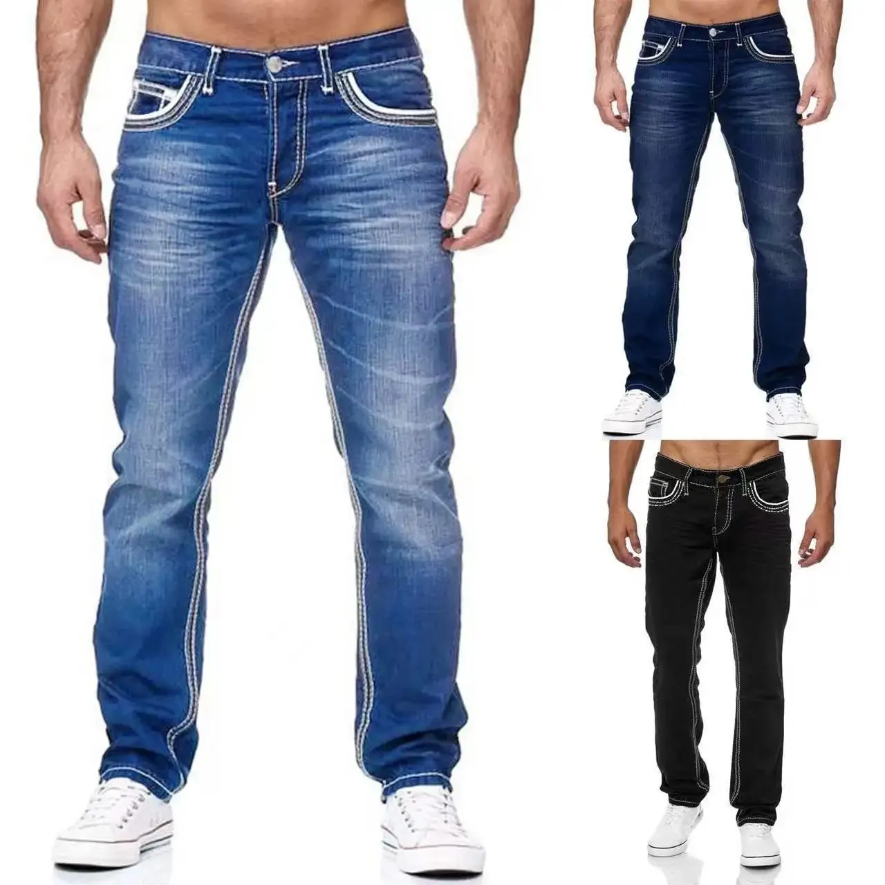 Calças de brim masculinas bolsos sólidos estiramento denim calças retas primavera verão negócios calças casuais diário streetwear roupas masculinas