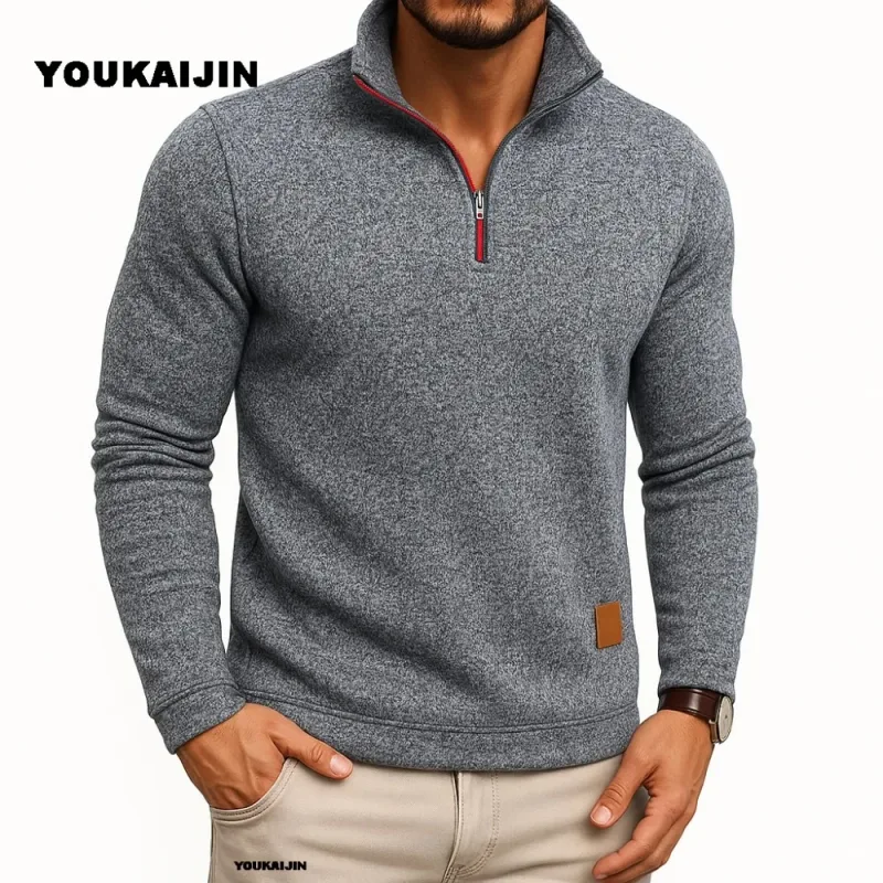 Moletom masculino primavera mais grosso pulôver quarto zíper pulôver para masculino com capuz ao ar livre sweatshir outono cor sólida gola alta
