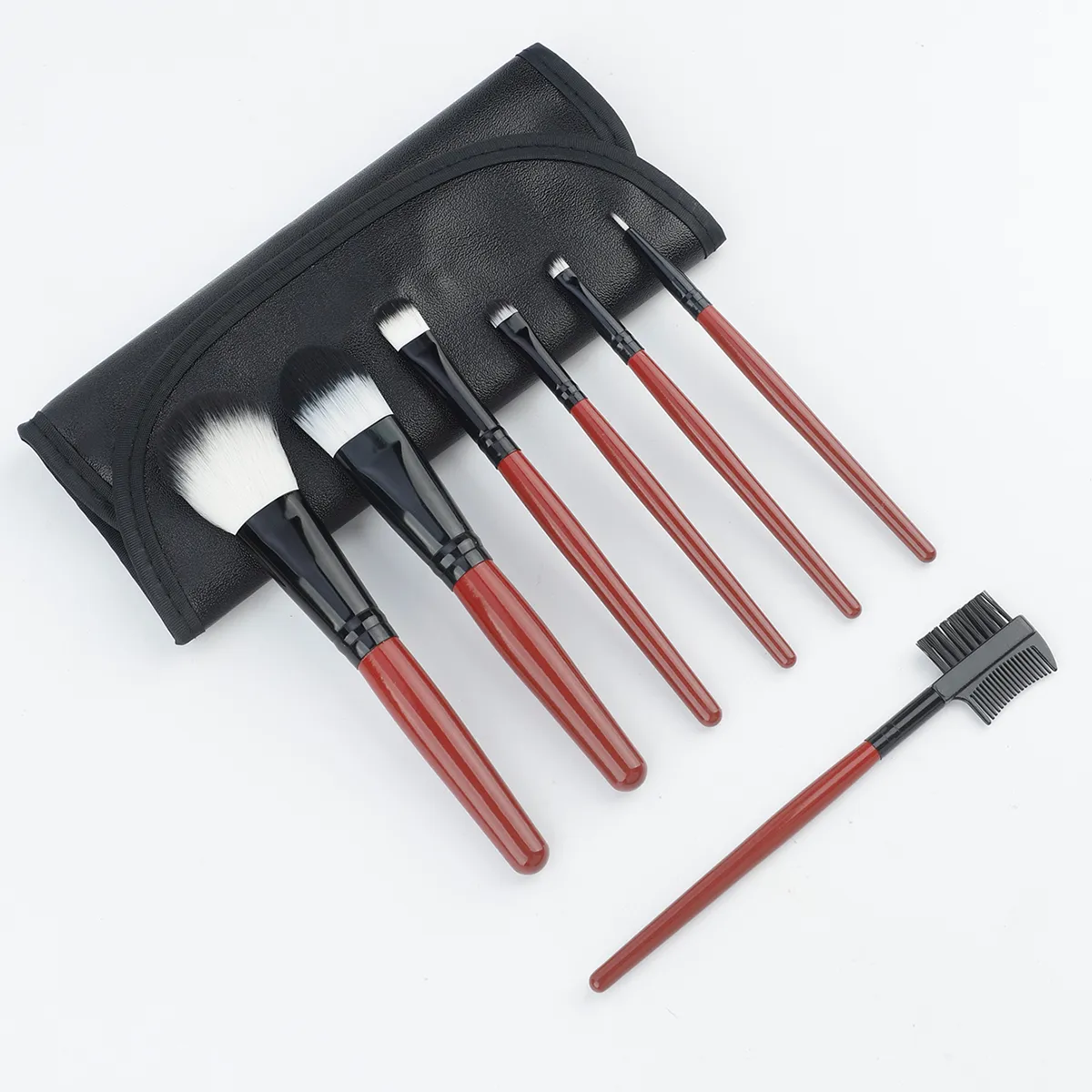 Conjunto de pincéis de maquiagem com cabo vermelho vinho, 7 peças, com bolsa de armazenamento de couro pu, cerdas macias, pó, blush, sombra, kit de pincéis cosméticos