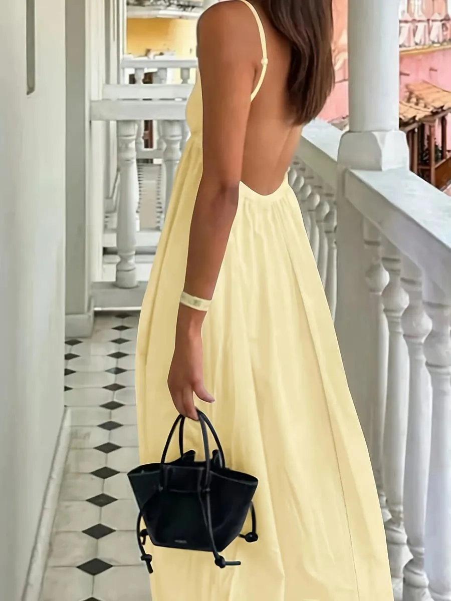 Vestido feminino de alça fina sem costas de cor sólida para férias de verão