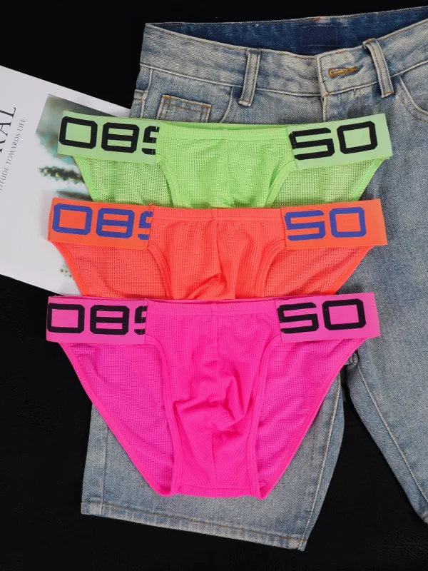 Cuecas masculinas de mistura de nylon, cuecas respiráveis ​​com letras de chifre em relevo, cintura elástica larga, cor fluorescente, roupa íntima sexy