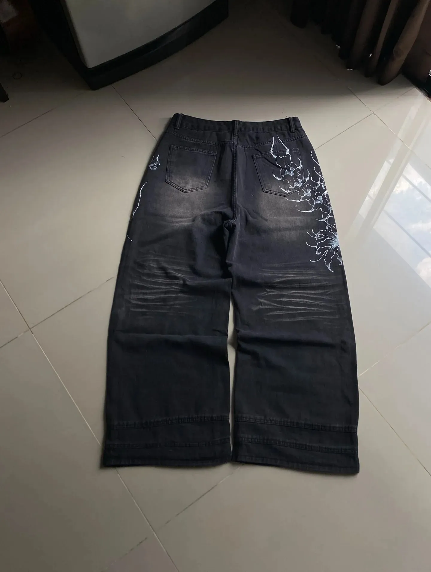 Y2K Vintage Gótico High Street Denim Preto Lavado Gradiente Espinha Aranha Lírio Estampa Jeans Perna Larga