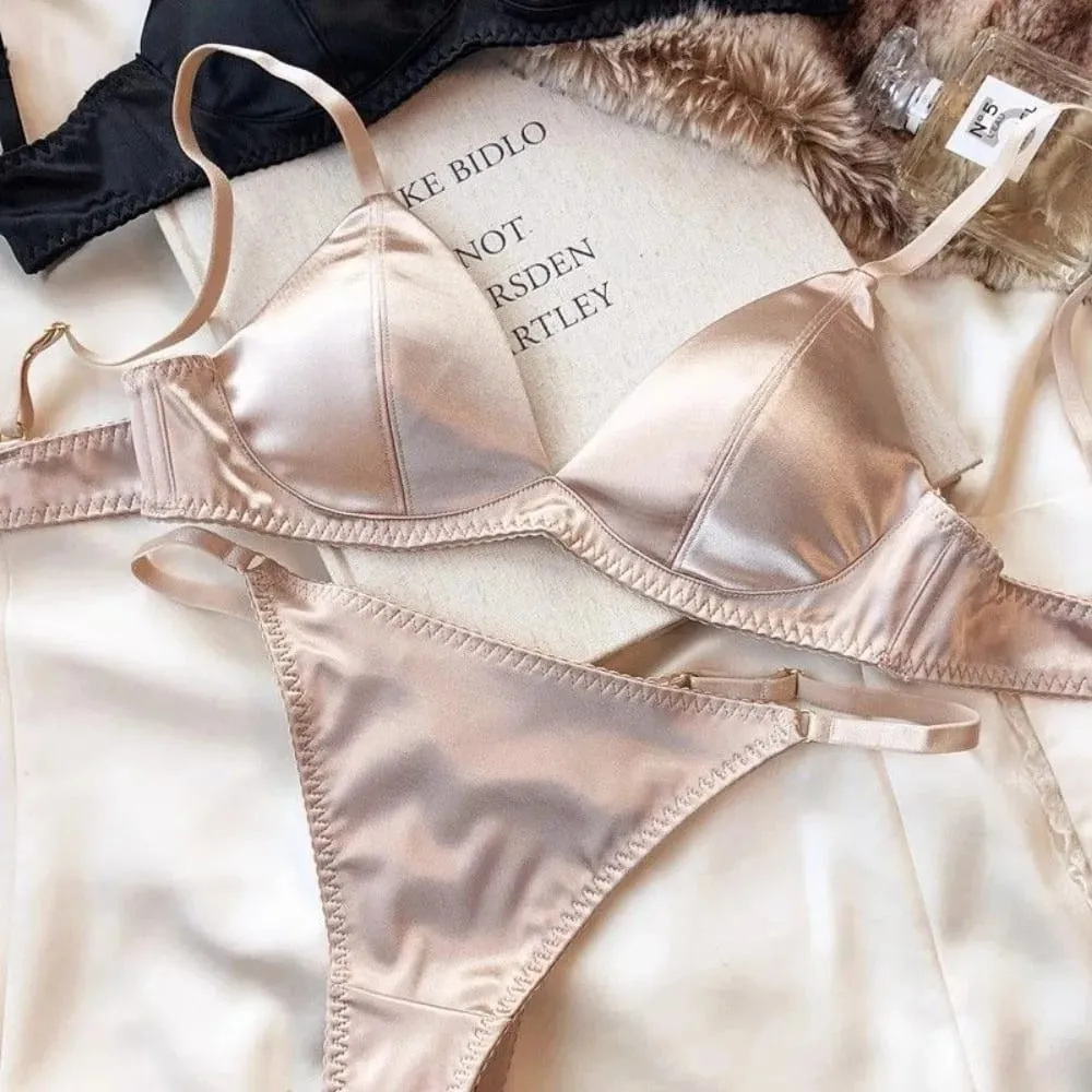 French Style Satin Triangle Cup Bra Set Women Sexy Thin Wireless Seamless Lingerie Light Lift Comfort Brassiere Underwear 32-38