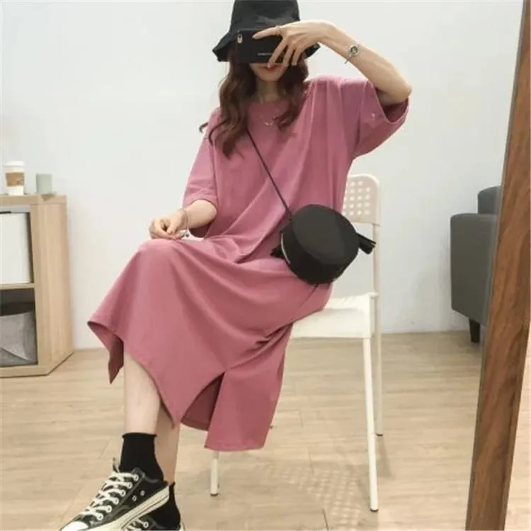 New Korean Short-sleeve Solid Color Side Cut Cotton Maxi Dresses Female Student Loose Basic Round Neck Style Long Dress — image 1