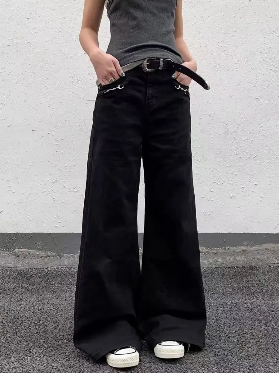 American-style retro button design washed jeans spring and autumn high-waist loose high-street wide-leg jeans for men and women