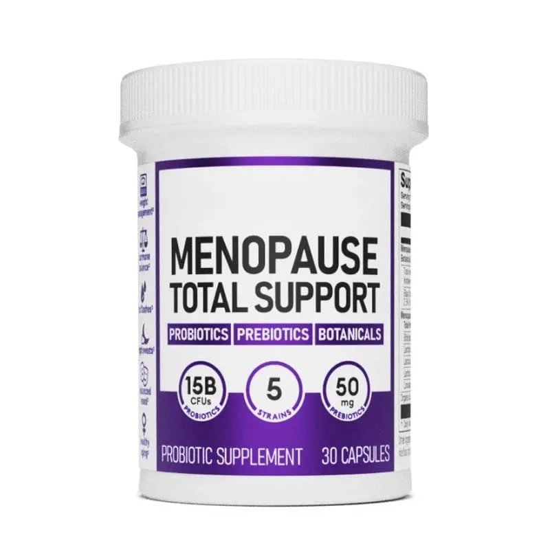 Cápsulas probióticas de suporte total da menopausa 15 bilhões de UFC 5 cepas prebióticas para microbioma digestivo bem-estar adulto 30 contagens