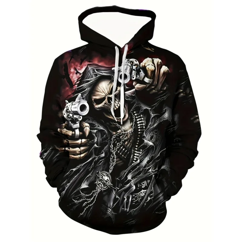 3D Printed Skull and Rose Sweatshirts Drawstring Sportwear Long Sleeved Tops Men's Hooded Hoodies Street Graphic Men's Clothing