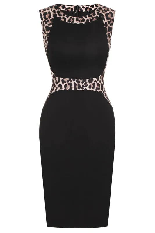Feminino leopardo retalhos tripulação pescoço sem mangas cocktail na altura do joelho negócios casual festa verão lápis bodycon vestido bainha