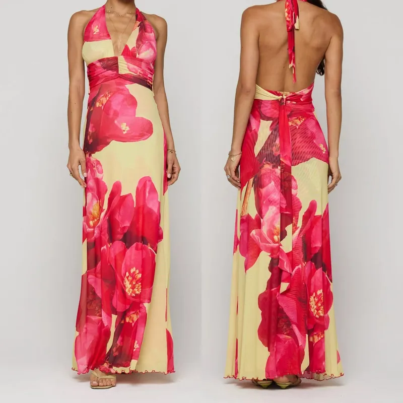 Combhasaki Mulheres Verão Sem Mangas Tie-up Halter Decote Em V Profundo Backless Flor/Pontos Estampado Plissado Hem Malha Ruched Vestido Longo Linha A