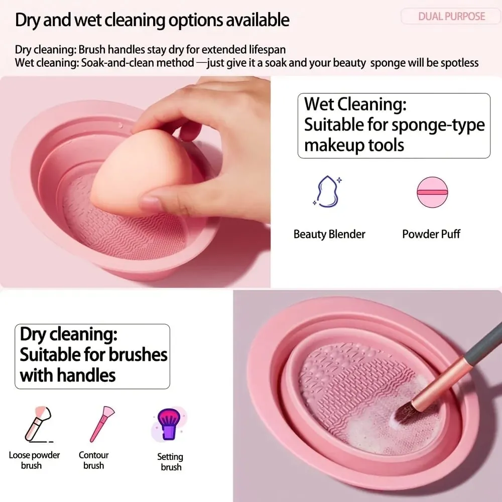 Escova de maquiagem de silicone dobrável, tigela, purificador texturizado para pincéis, esponjas, ferramenta de lavagem de viagem, compacto