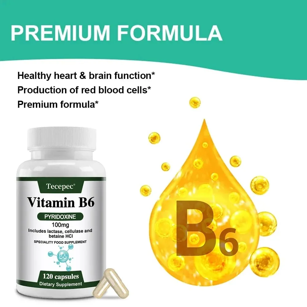Vitamin B6 Capsules - Brain Function & Memory Concentration Cardiovascular Skin Hair Immune Non-GMO Dietary Supplement