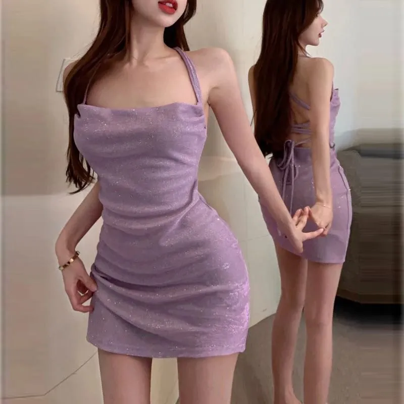 Summer Fashion Korean Version Sexy Pure Desire Wind Slim Solid Color Straps Hanging Neck Backless Sleeveless Dress