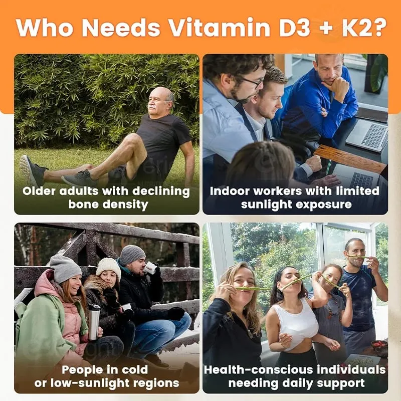 Vitaminas D3 + K2 Suplementos Orgânicos Alta Biodisponibilidade - Suporta Densidade Óssea Cálcio Equilíbrio Imunidade e Saúde do Humor