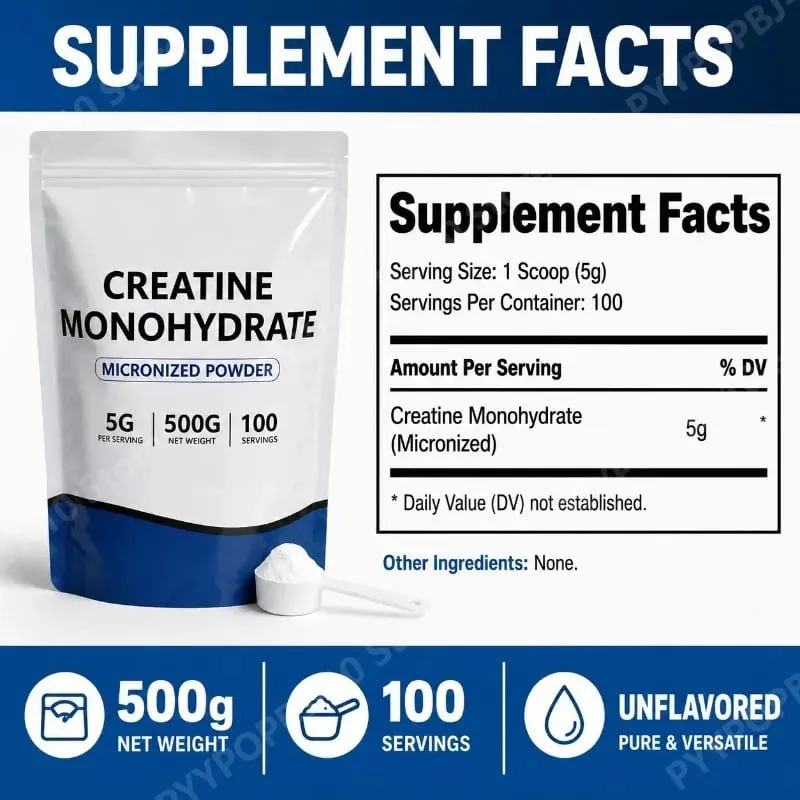Creatina monohidratada micronizada em pó sem sabor 5g 500g 100 porções testada por terceiros suporte de recuperação de desempenho livre de OGM