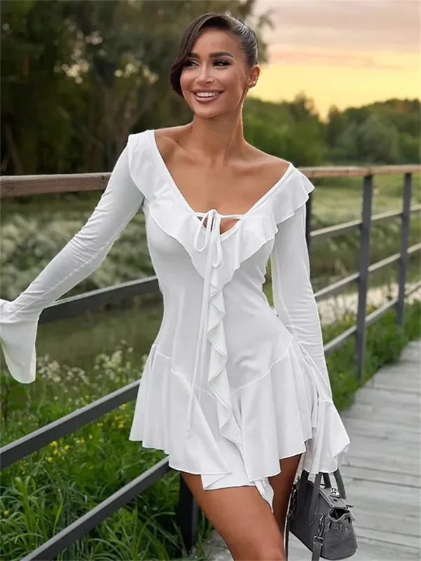 Tossy babados rendas-up branco mini vestido feminino com decote em v retalhos manga longa sexy vestido fino bandagem elegante vestido de verão feminino — image 11