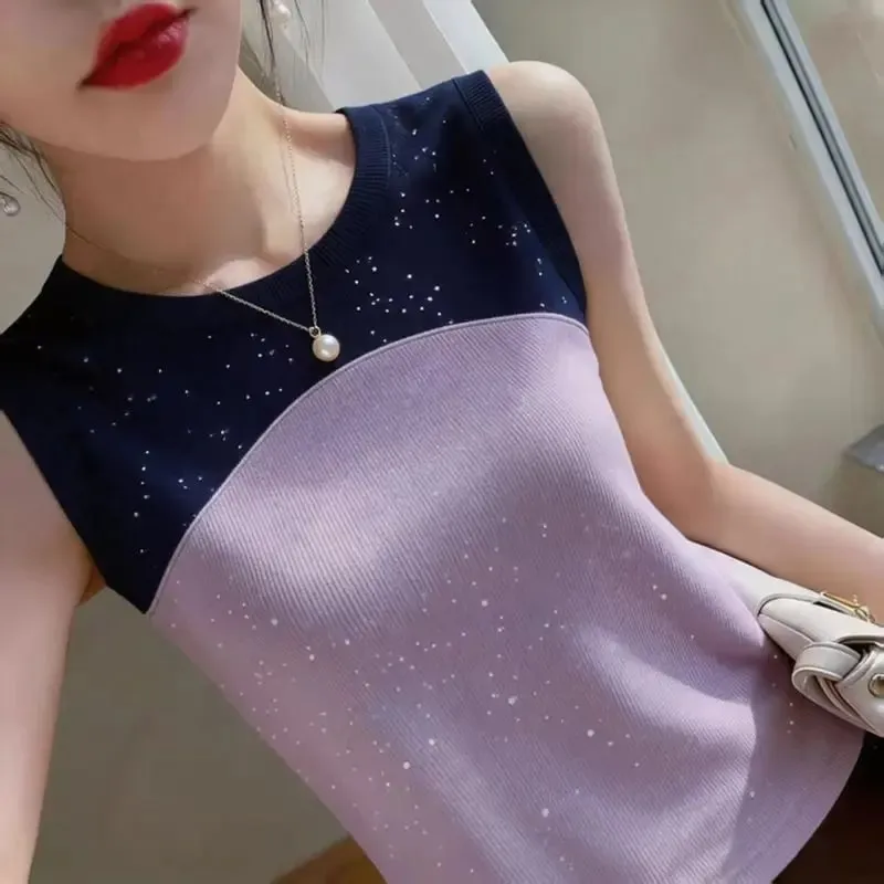 Sleeveless O-neck Contrast Patchwork Plus Size Elegant Tanks Summer Ice Silk Slim Vintage T Shirts Fashion Trend Women Clothing — image 5