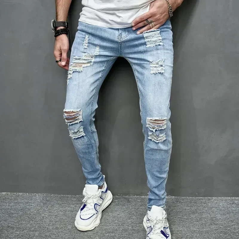 2024 New Style Men's Personalized Ripped Solid Color Skinny Jeans Stretch Little Foot Streetwear Motorcycle Denim Trousers Male — image 2