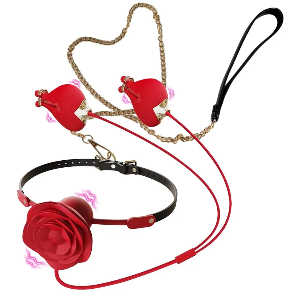 Orgasmo forçado nova rosa boca bola colar trela mamilo braçadeira vibrador bdsm casal preliminares masturbação silicone sexo brinquedo conjunto — image 1