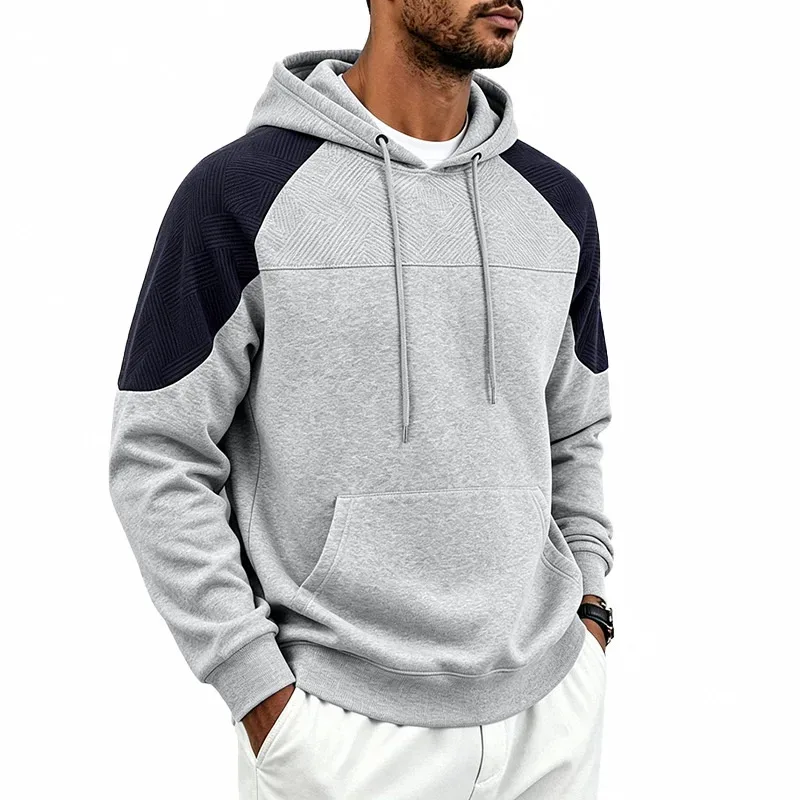 Autumn Winter Men Color Block Raglan Hoodie Textured Chest Panel Drawstring Kangaroo Pocket Loose Casual Streetwear Sweatshirt