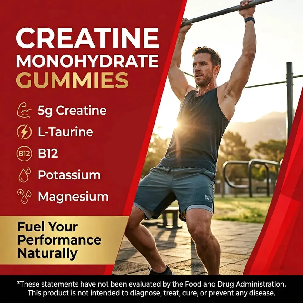 Gomas de creatina monohidratada 5000mg Suporte pré e pós-treino para força muscular e recuperação, construção de massa muscular vegana