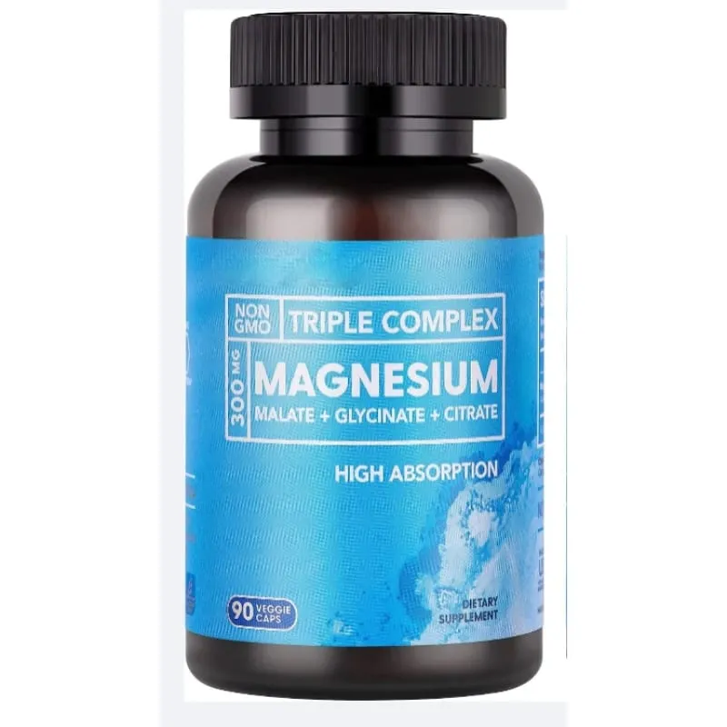 Complexo Triplo de Magnésio 300mg Malato Glicinato Citrato Suplemento Mineral Diário de Alta Absorção Vegano Não OGM 90 Cápsulas Vegetais