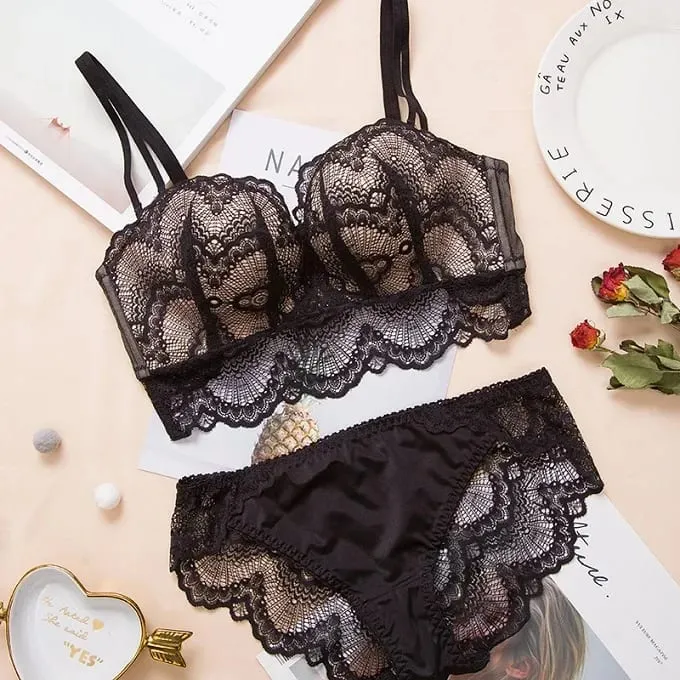 Sexy push up sutiã conjunto de lingerie-confortável sem fio renda roupa interior massagem palma copo para elevador 75c/80c/85c — image 8