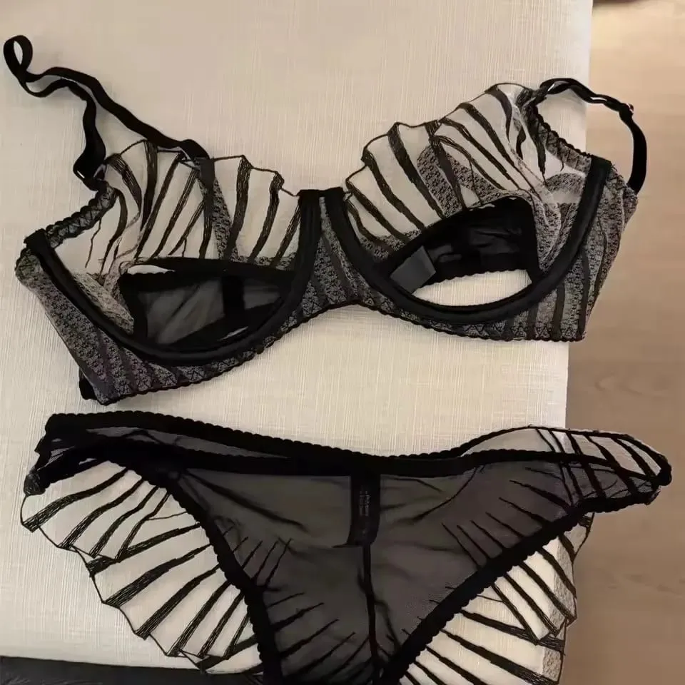 Conjuntos breves femininos de 2 peças, copo de peito preto, lingerie bordada, roupa íntima, malha preta, sutiã minimizador sem forro quente