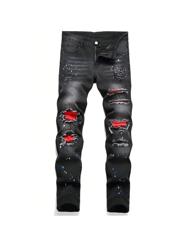 2025 outono novo estiramento jeans moda rasgado retalhos magro europeu americano calças masculinas pintura dot hip hop denim calças — image 9