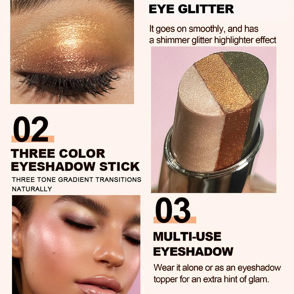 Bastão de sombra gradiente em 3 cores, creme de contorno brilhante, sombra à prova d'água, resistente a manchas, maquiagem rápida para os olhos