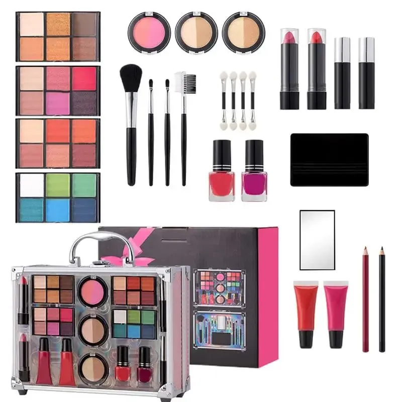 Tudo em um kit de maquiagem feminina kit completo maquiagem presente conjunto sombra lábio maquiagem rímel batom olho lápis aplicador blush em pó
