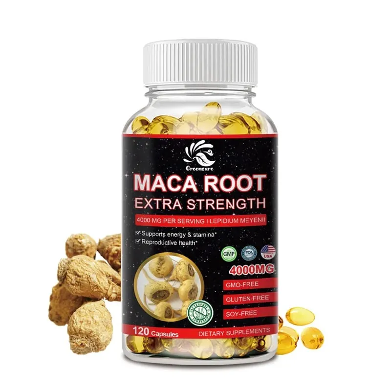 Cápsulas em pó de raiz de maca orgânica Greensure 4000 mg com suplemento de extrato de raiz de maca para homens e mulheres