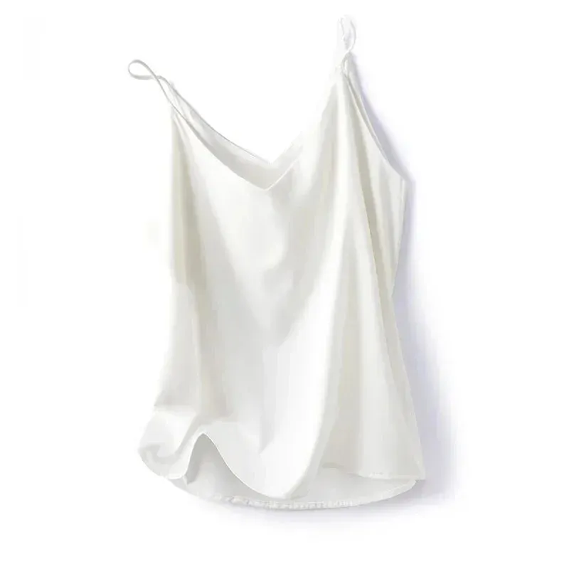 2026 Spaghetti Strap Top Women Halter V Neck Basic White Cami Sleeveless Satin Silk Tank Tops Women's Summer Camisole Crop Top — image 12