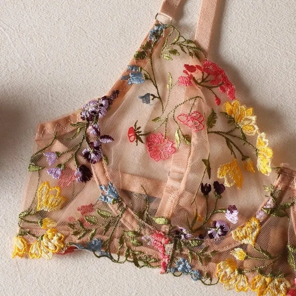 Conjunto de lingerie transparente pura íntima push up elegante bordado floral roupa interior calcinha ultrafina conjunto de sutiã feminino — image 3