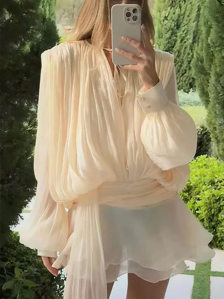 Blusa sólida mini vestidos para mulheres com decote em v manga longa emendado rendas até vestido estilo doce roupas femininas moda — image 6