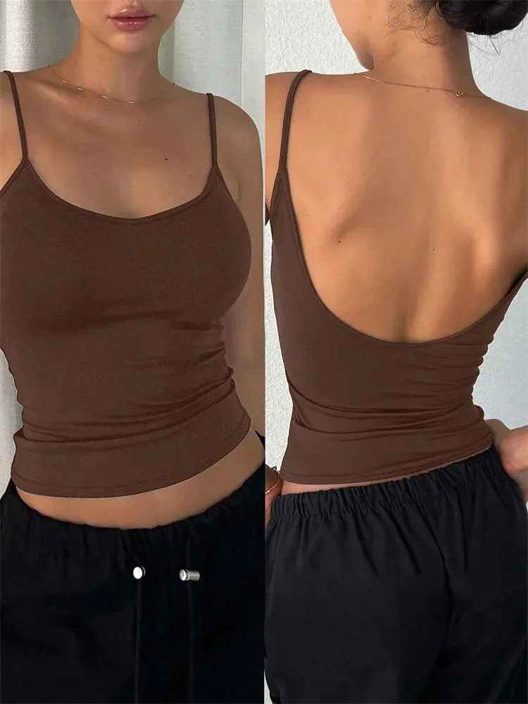 Mulheres sem costas cami colheita topo verão cor sólida casual sem mangas topo streetwear y2k roupas — image 14