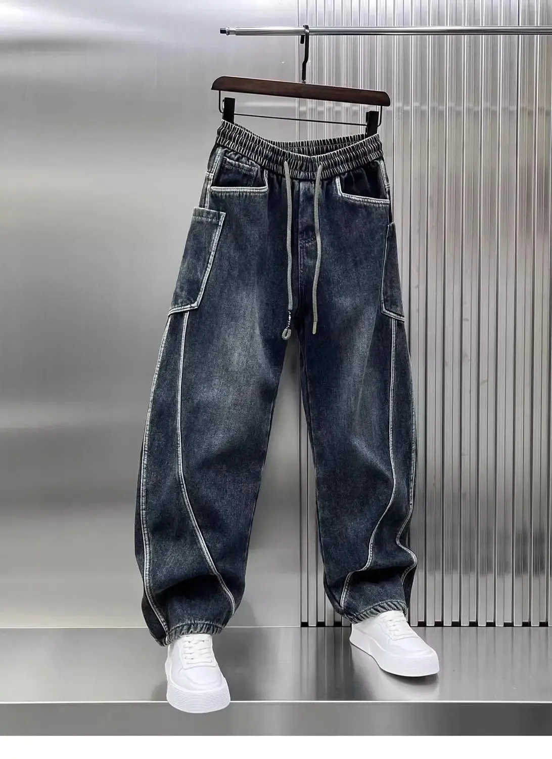 Spring Autumn 2025 New Splicing Cutting Elastic Waist Large Size Boys Washed Loose Wide Leg Big Pocket Scimitar Drawstring Jeans
